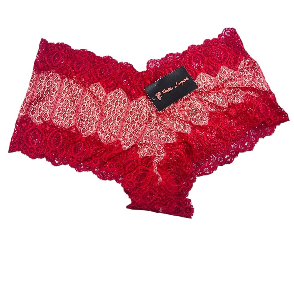 Popsi Red & Beige Lace Panties Cheeky Boy Short M or L